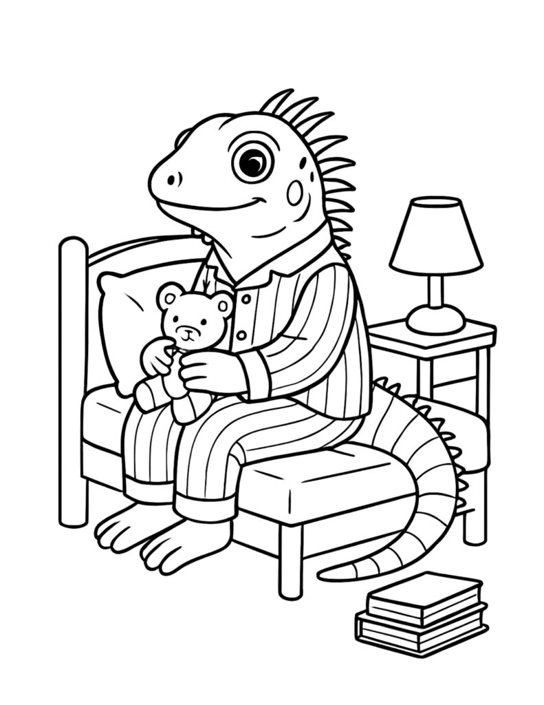 lizard holding teddy in bed coloring page with striped pajamas, bedside lamp, and stacked books coloring page