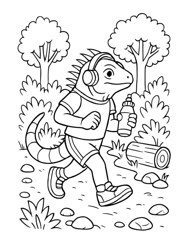 lizard jogging with headphones coloring page with a sporty lizard holding a water bottle on a forest path coloring page