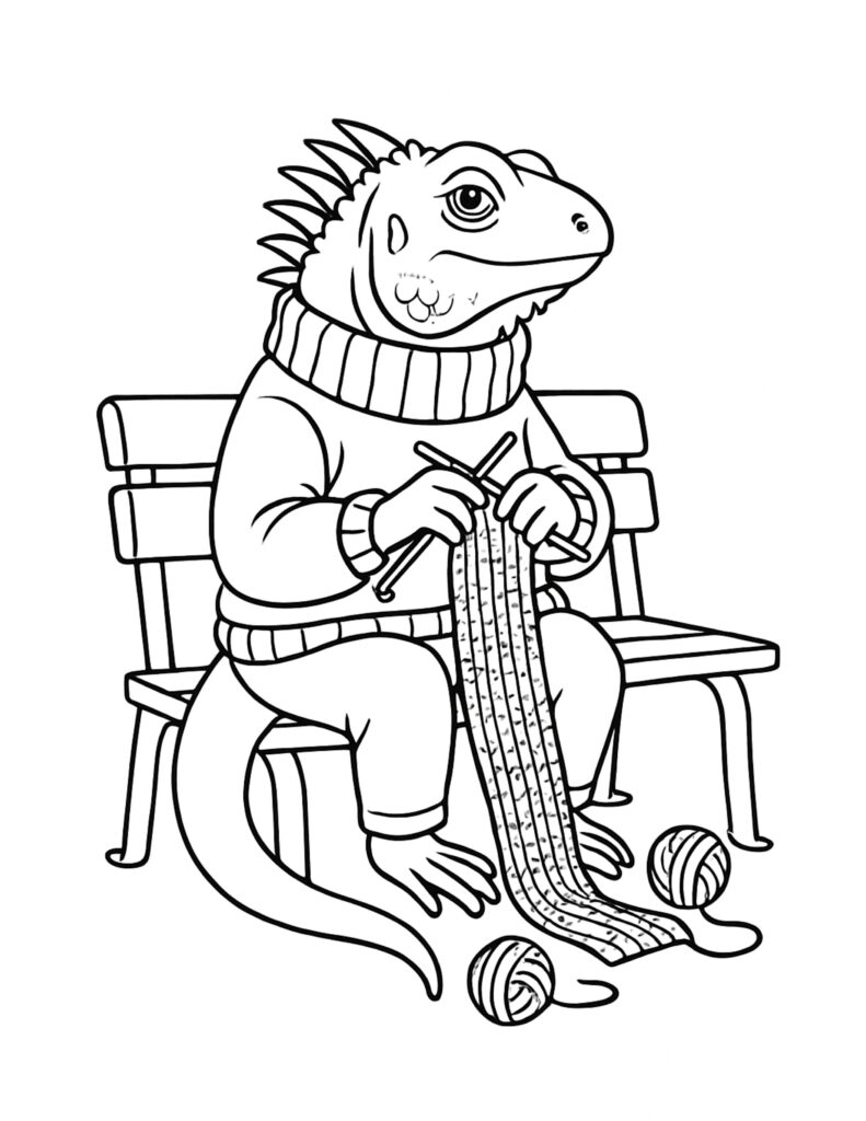 lizard knitting a long scarf coloring page sitting on a bench in a sweater with yarn balls, coloring page