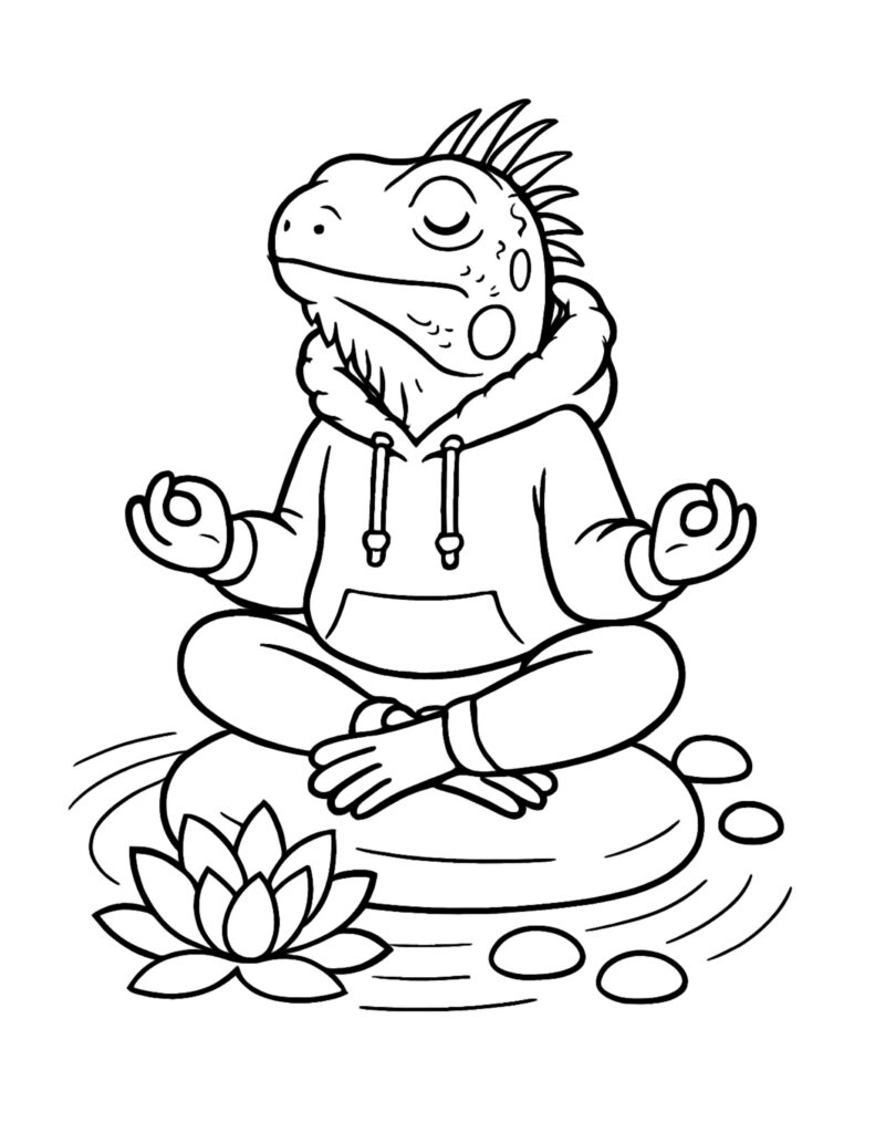 lizard meditating on a cushion coloring page wearing a hoodie beside a lotus flower on calm water