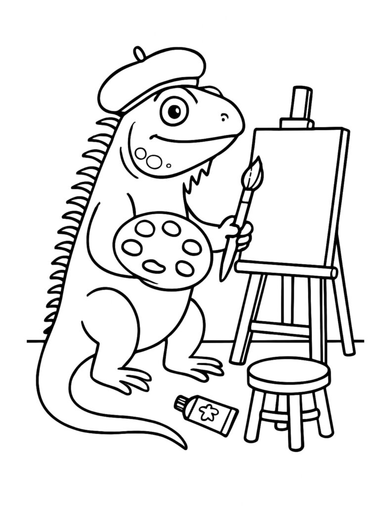 lizard painting at an easel coloring page with a beret, paintbrush, palette, and blank canvas coloring page