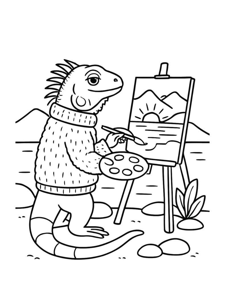 lizard painting sunset landscape coloring page with a sweatered lizard painting on an easel, coloring page