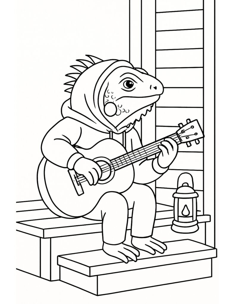 lizard playing guitar on porch coloring page with hoodie on wooden steps beside a lantern coloring page