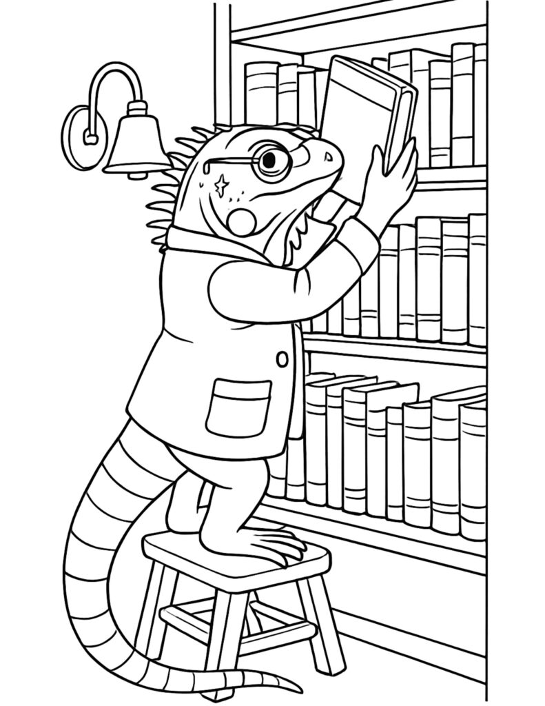 lizard reaching for library book coloring page, lizard in glasses on a stool by bookshelves, coloring page