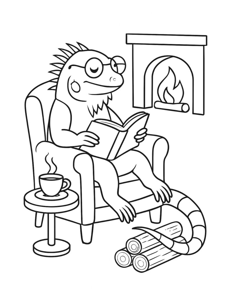 lizard reading by fireplace coloring page with a lizard in glasses reading in an armchair by a warm fire
