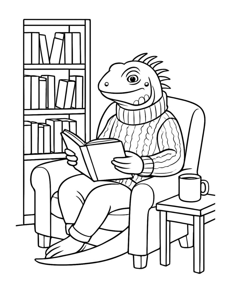 lizard reading in armchair coloring page with a cozy sweater, bookshelf, and coffee mug coloring page