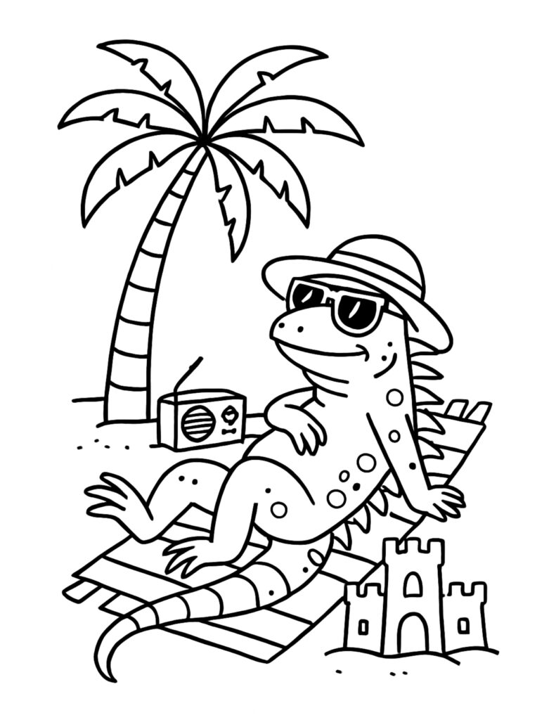 lizard relaxing on beach towel coloring page with sun hat, sunglasses, palm tree, radio, and sandcastle coloring page