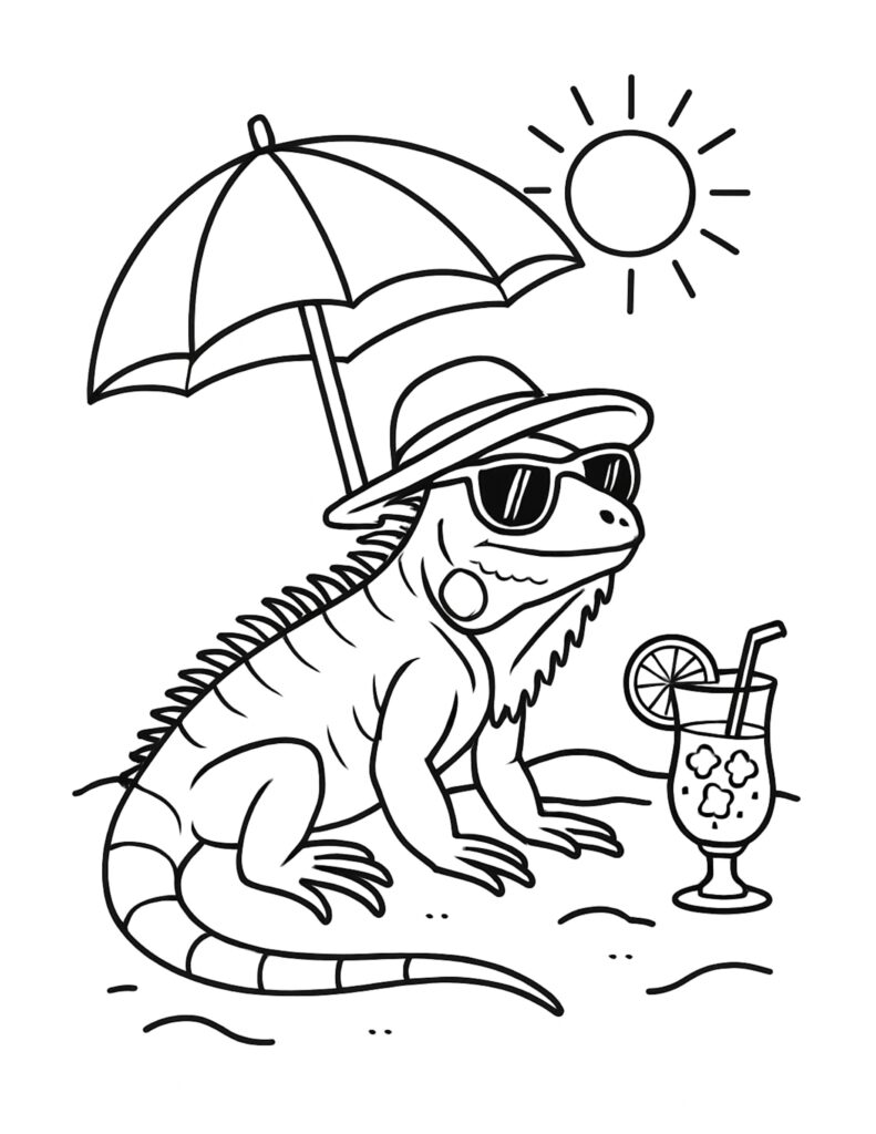 lizard relaxing under beach umbrella coloring page with sunglasses, sun hat, sunshine, and a fruity drink