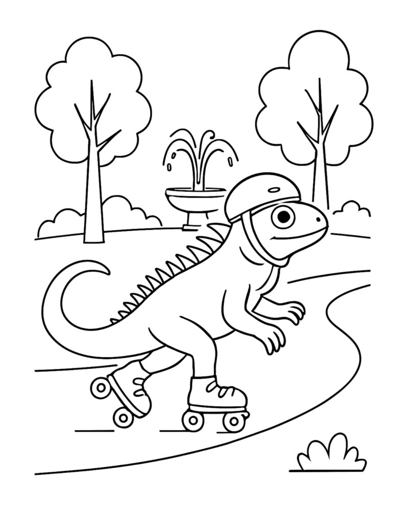 lizard roller skating in park coloring page featuring a helmeted lizard on skates near trees and a fountain coloring page
