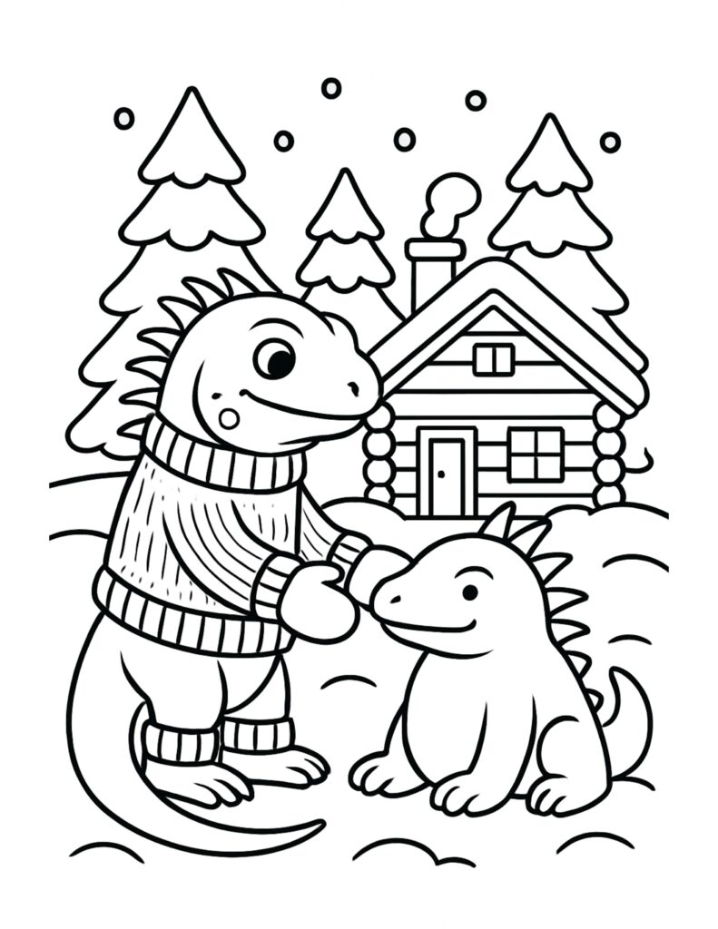 lizard sharing snowball by cabin coloring page featuring two cute lizards in snow near a log cabin coloring page