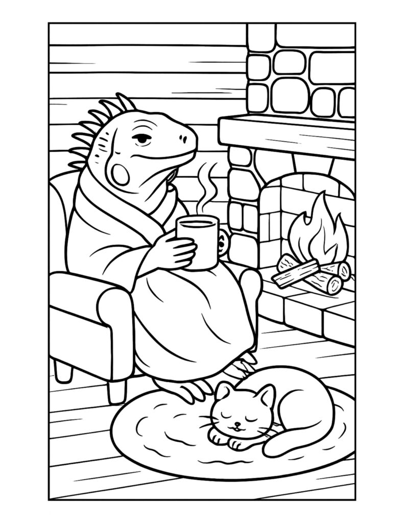 lizard sipping cocoa by fireplace coloring page of a robed lizard holding a mug beside a fire