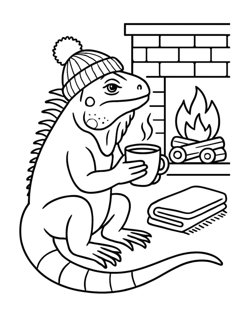 lizard sipping cocoa by fireplace coloring page, lizard in a knit beanie holding a steaming mug by a brick hearth coloring page