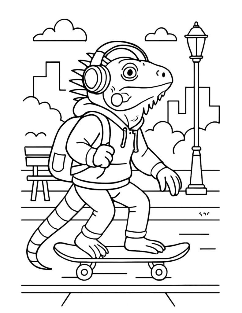 hoodie lizard cruising on a skateboard in the city park, lizard skateboarding with headphones coloring page