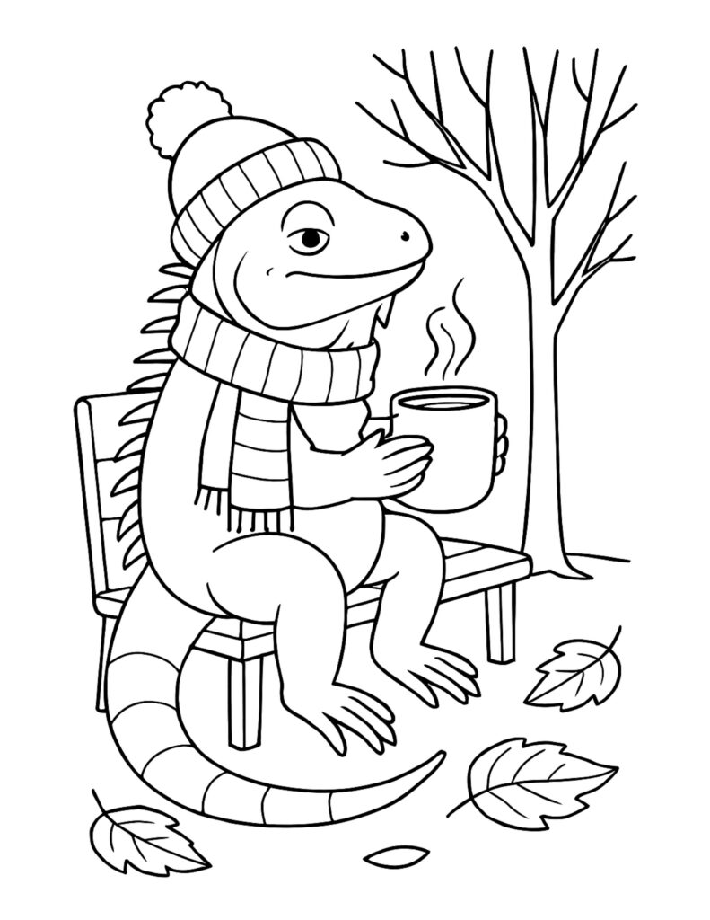lizard with scarf holding mug coloring page, sitting on a bench with a steaming cup and falling leaves coloring page