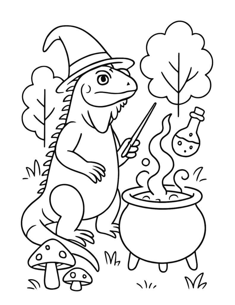 lizard wizard brewing potion coloring page with a wand and steaming cauldron in a simple forest coloring page