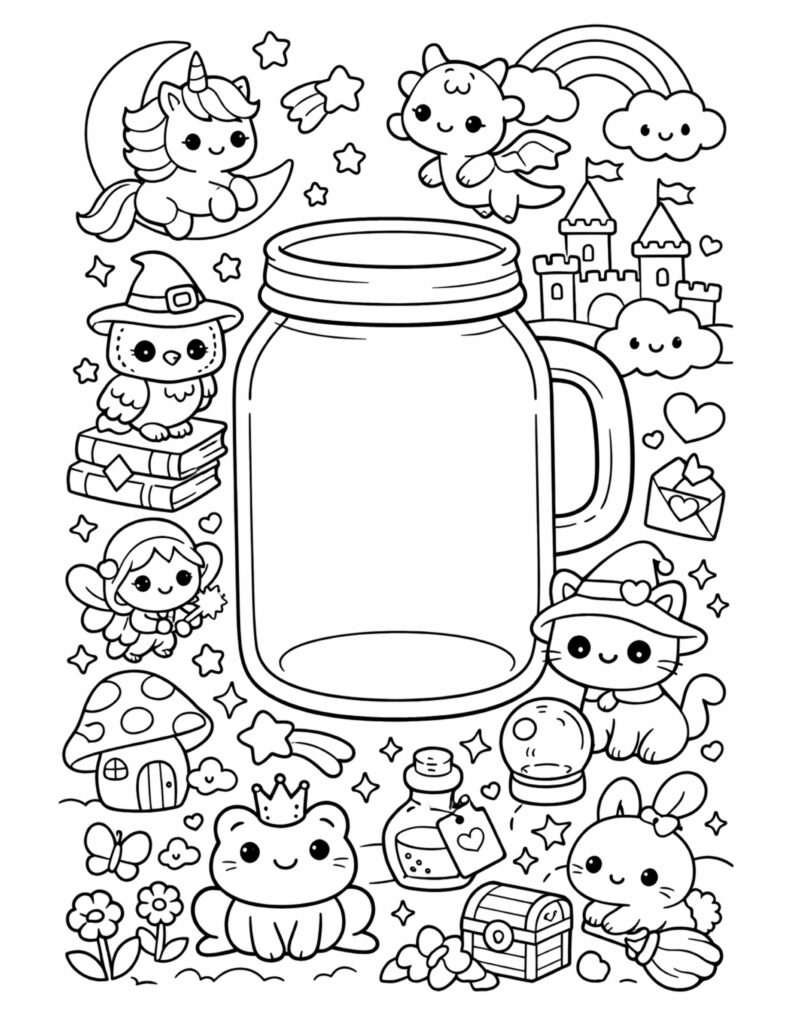 magical jar with kawaii creatures coloring page featuring a unicorn on a moon, rainbow, castle, stars, and cute friends coloring page
