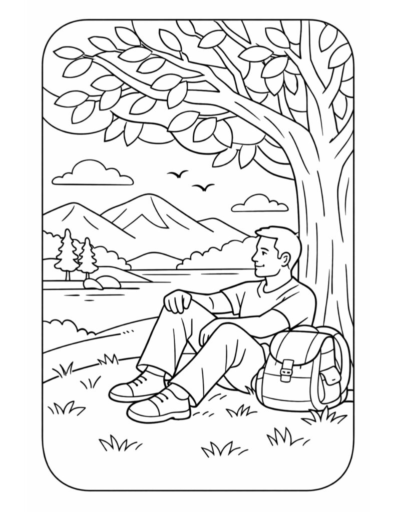 man resting under lakeside tree coloring page with backpack, mountain lake view, and birds in the sky coloring page