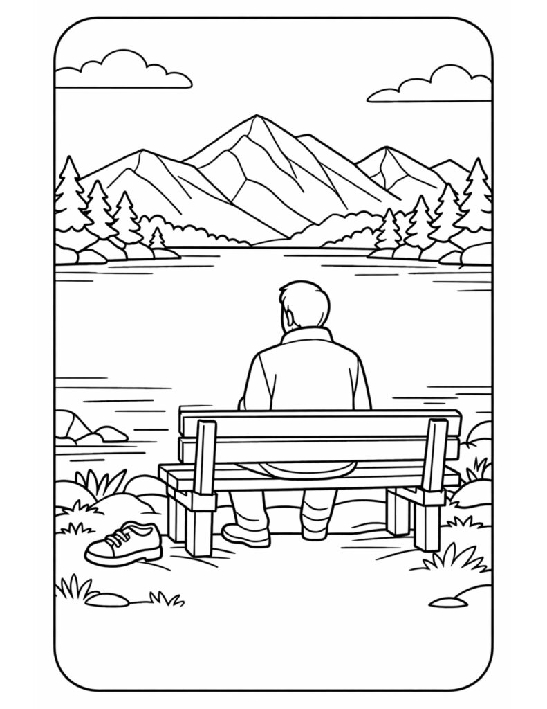 man sitting on lakeside bench coloring page facing a calm mountain lake with pine trees and peaks coloring page