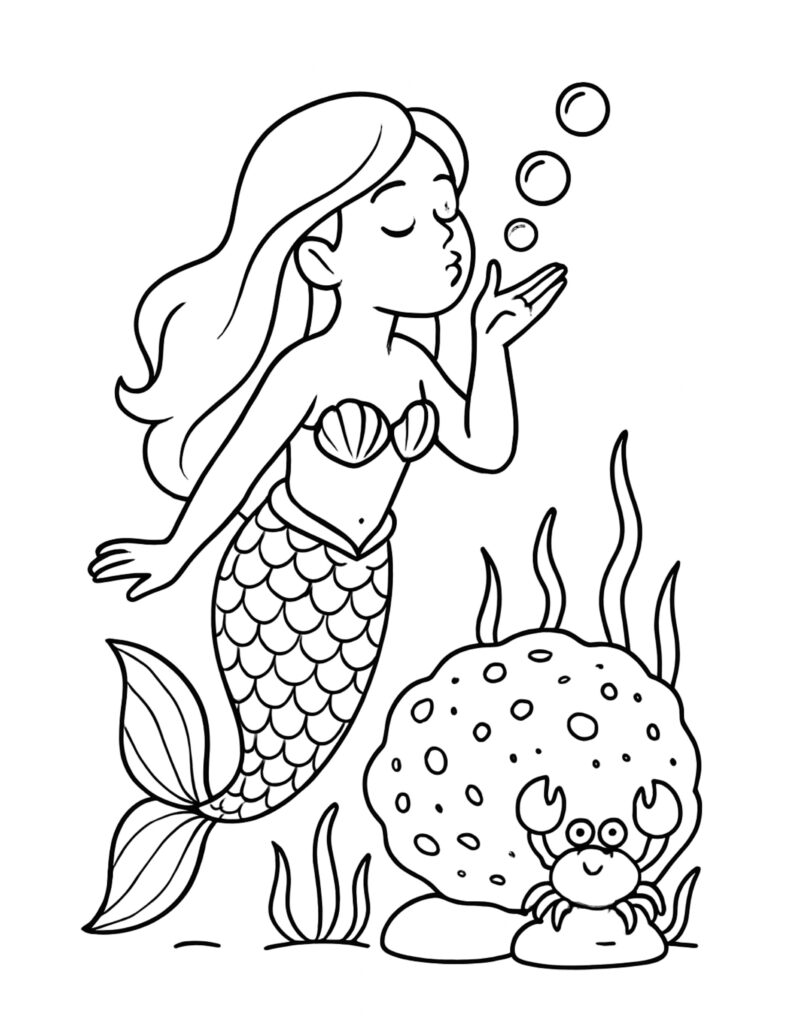 mermaid blowing bubbles near crab coloring page with a coral rock, seaweed, and floating bubbles coloring page