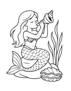mermaid blowing conch shell coloring page with flowing hair, seaweed, and a clam shell, coloring page