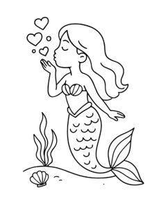mermaid blowing heart bubbles coloring page with floating hearts, seaweed, and a shell on sand