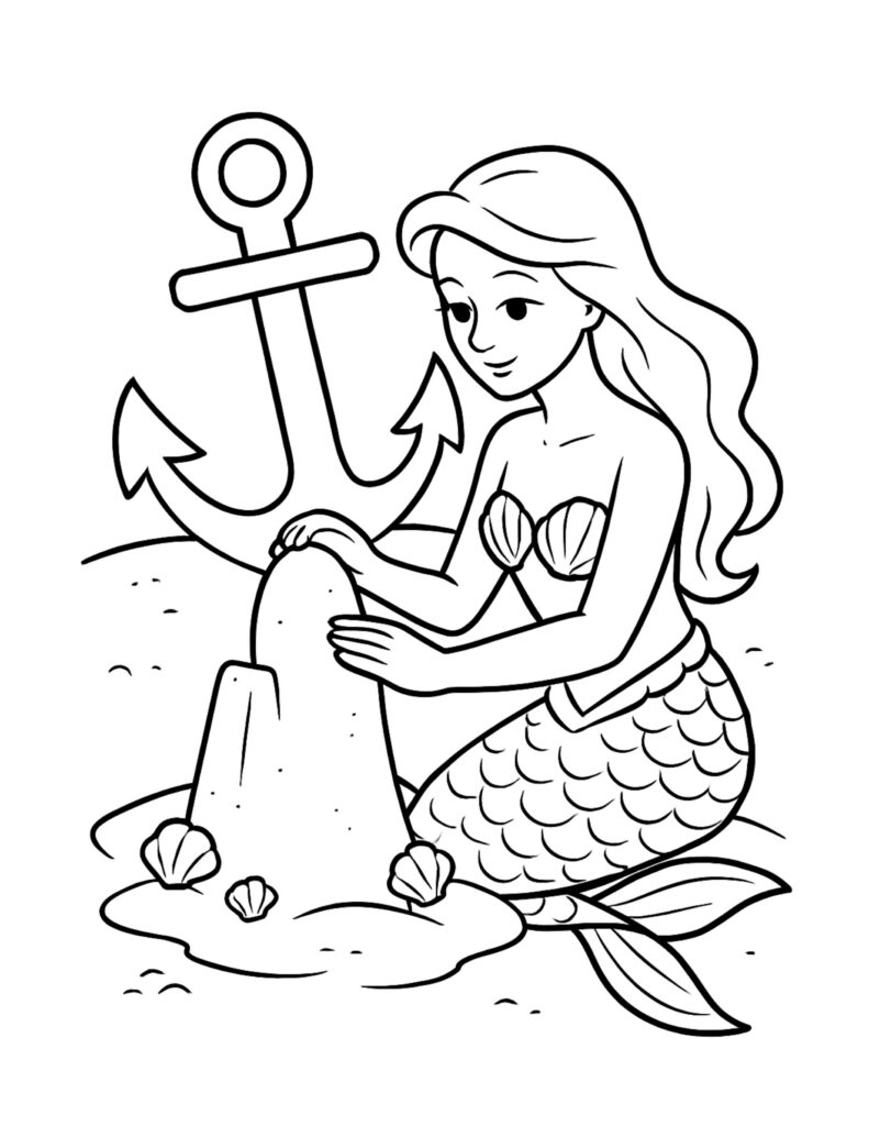 mermaid building sandcastle coloring page with a big anchor, sandy mound, and seashells, coloring page