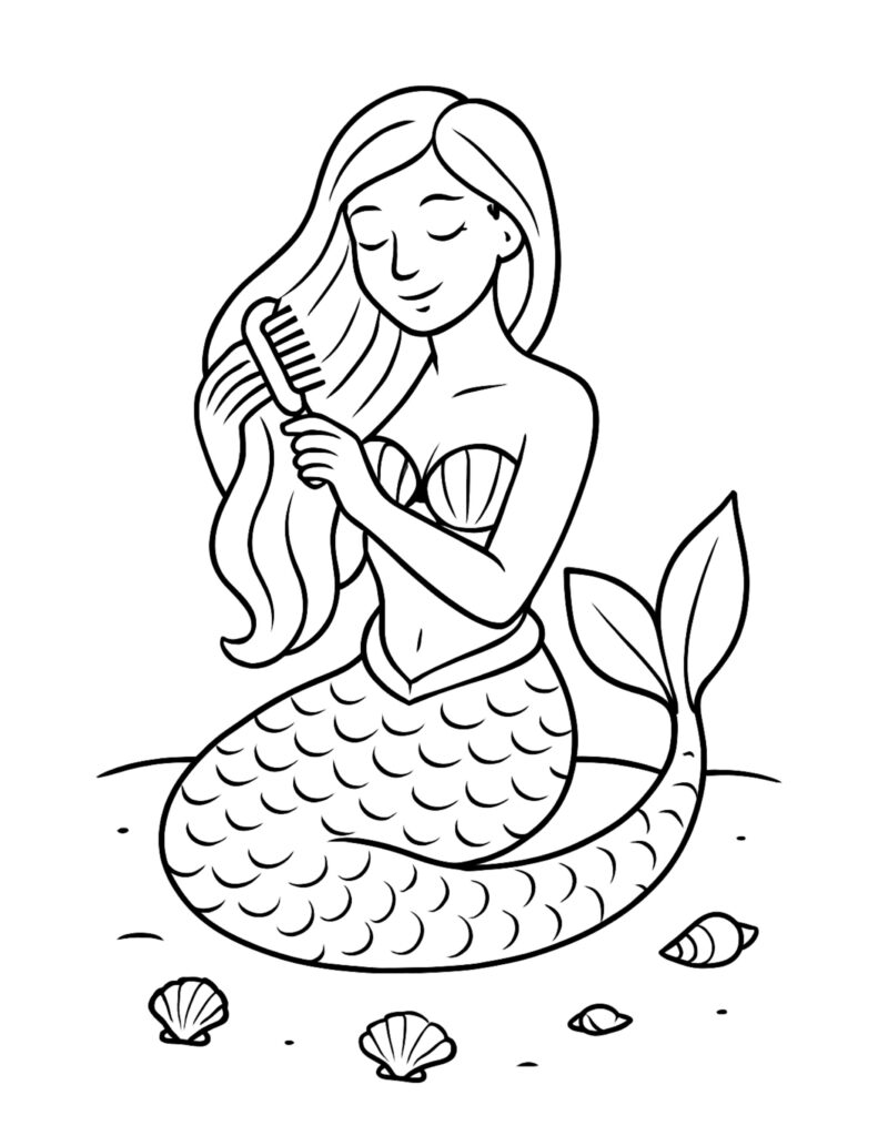 mermaid combing her hair coloring page with a smiling mermaid holding a comb and seashells on the sand coloring page