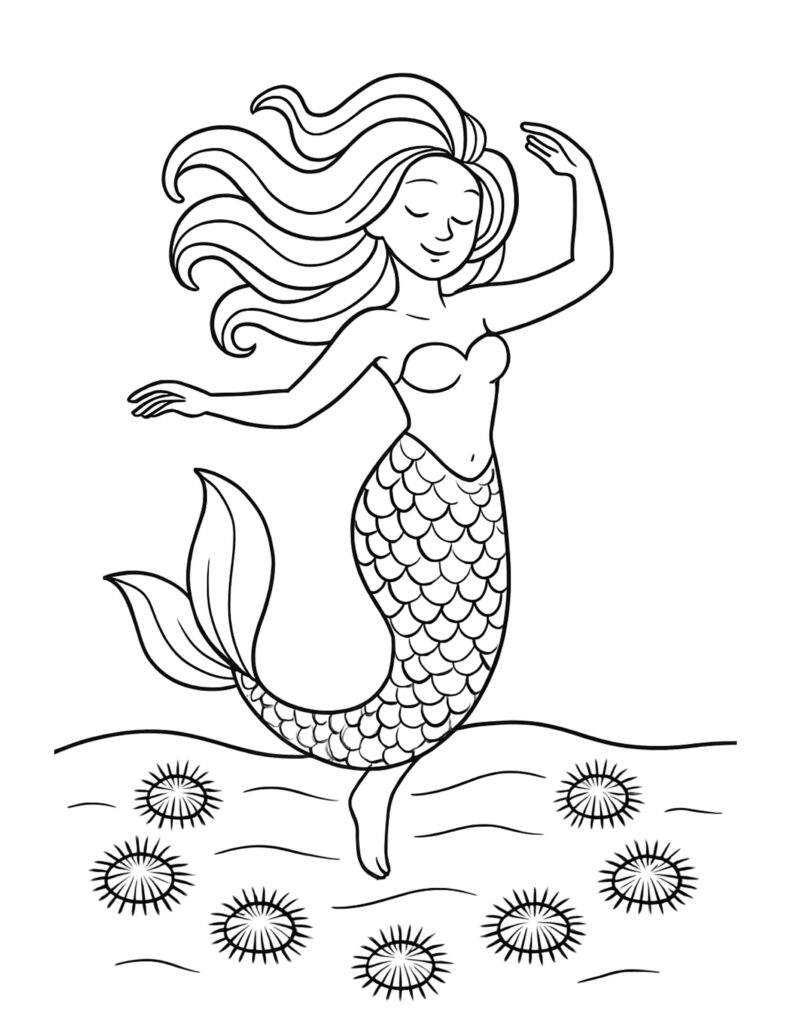 mermaid dancing above sea urchins coloring page with flowing hair, waves, and spiky sea urchins coloring page
