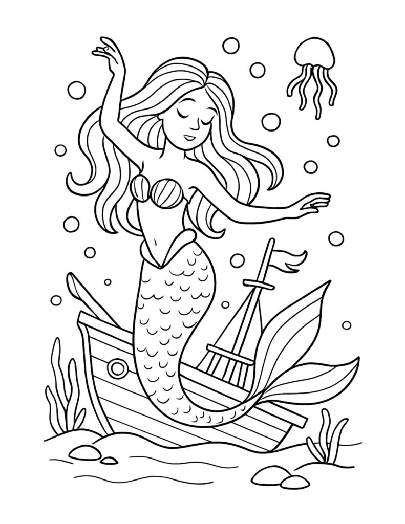 mermaid dancing by shipwreck coloring page with bubbles, a jellyfish, sea plants, and a small boat wreck