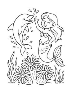 mermaid high fiving dolphin coloring page with a smiling sea girl, splashes, and sea flowers, coloring page