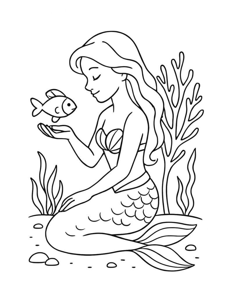 mermaid holding a fish coloring page with a calm underwater scene, seaweed and coral outlines