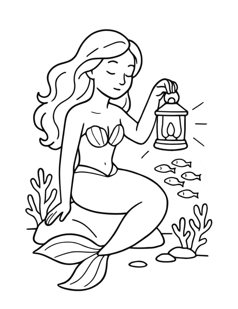 mermaid holding a lantern underwater coloring page with lantern light rays and a small school of fish