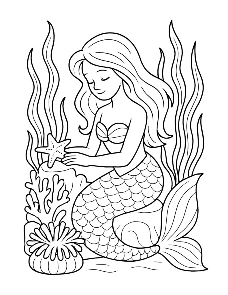 mermaid holding a starfish underwater coloring page with coral shapes, tall seaweed, and a scaled tail