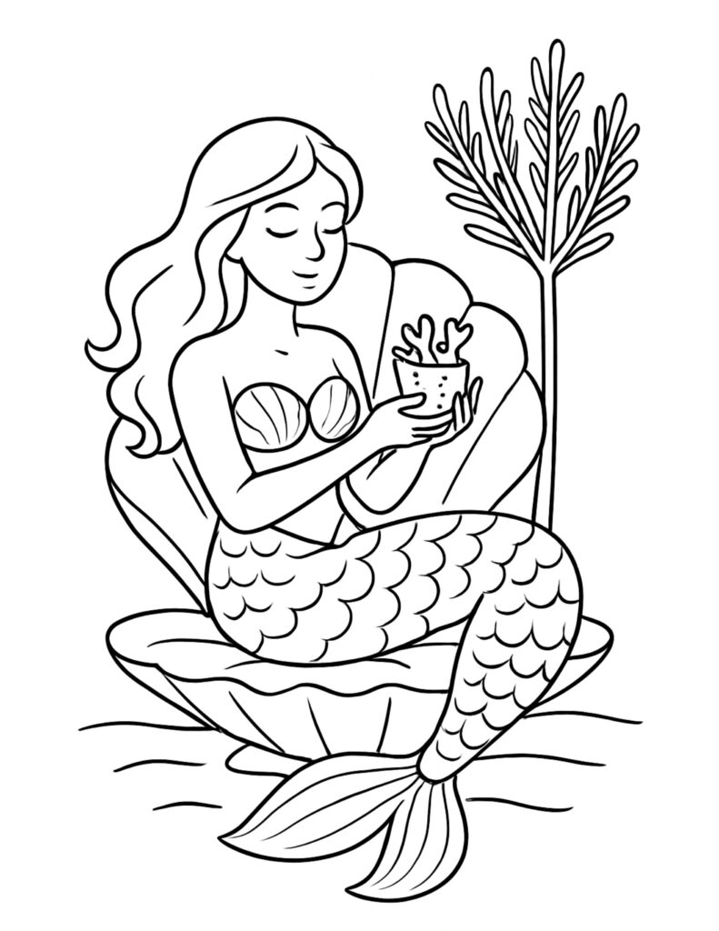 mermaid holding coral pot coloring page sitting in a clam shell with sea fan, coloring page