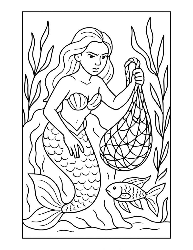 mermaid holding fishing net coloring page with a mermaid underwater holding a net and a small fish, coloring page