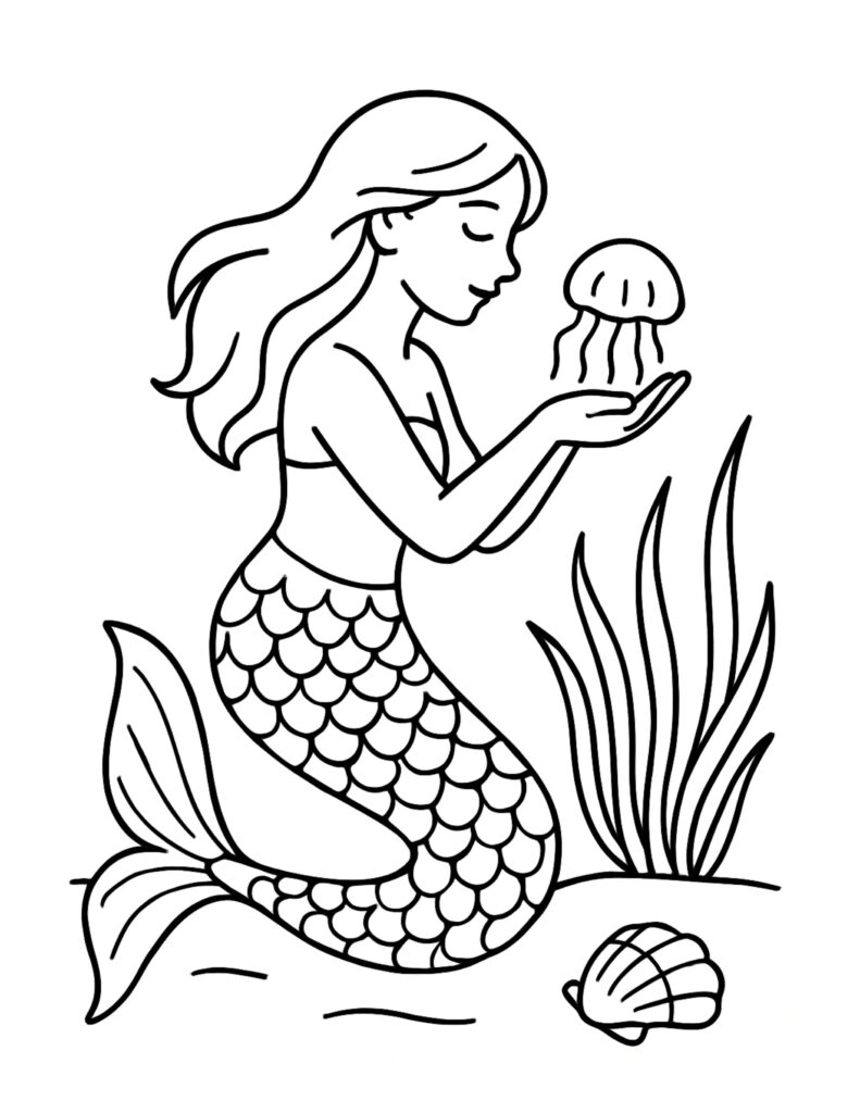 mermaid holding jellyfish coloring page with seaweed, bubbles, and a small shell