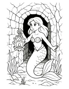 mermaid holding lantern in ruins coloring page, exploring a stone archway underwater, coloring page