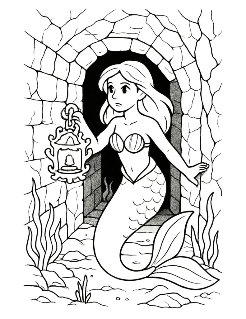 mermaid holding lantern in ruins coloring page, exploring a stone archway underwater, coloring page