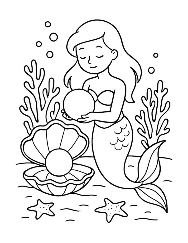 mermaid holding pearl near clam coloring page with an open shell, bubbles, coral shapes, and starfish coloring page