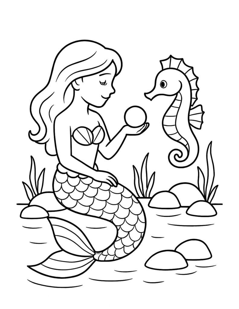 mermaid holding pearl with seahorse coloring page, gentle mermaid offering a round pearl to a seahorse above rocks and sea grass coloring page