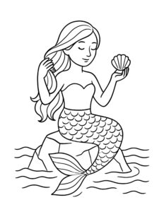 mermaid holding seashell on rock coloring page with flowing hair, calm water lines, and a seashell in hand coloring page