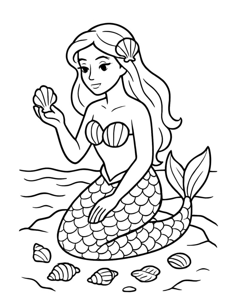 mermaid holding seashell on shore coloring page with flowing hair, shell top, beach rocks, and scattered shells coloring page