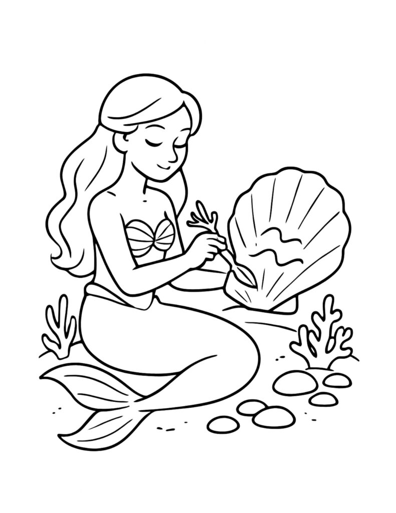 mermaid holding seashell underwater coloring page, seated mermaid beside a giant shell coloring page