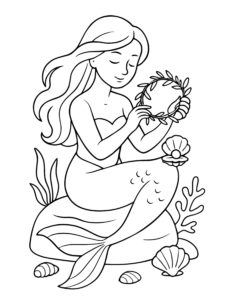 mermaid holding seaweed wreath coloring page, sitting on a rock with seashells and coral, coloring page