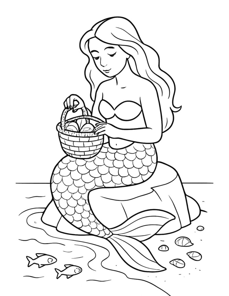 mermaid holding shell basket coloring page, mermaid sitting on a rock with small fish and seashells, coloring page