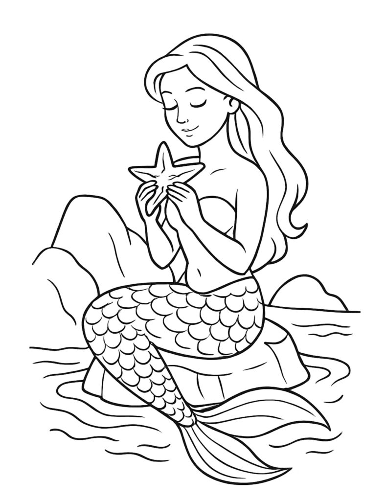 mermaid sitting on a rock holding a starfish coloring page with ocean waves