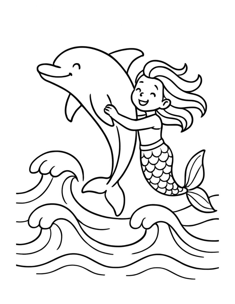 mermaid hugging a dolphin coloring page with big waves, a smiling dolphin, and a happy little mermaid coloring page
