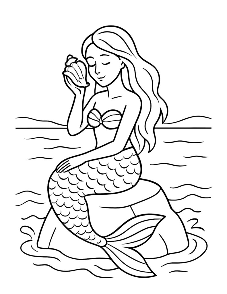 mermaid listening to seashell coloring page, mermaid sitting on a rock with waves behind her coloring page