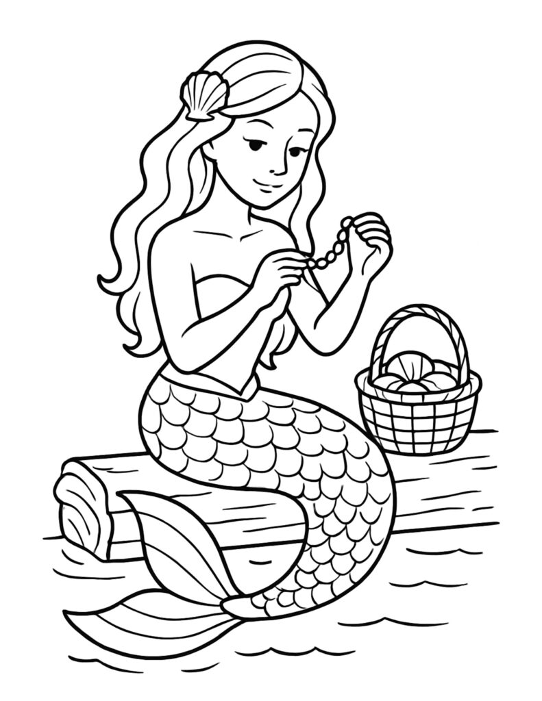 mermaid sitting on a log making a pearl necklace coloring page with a basket of shells