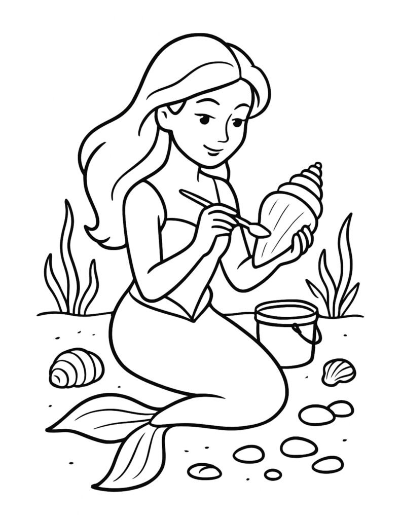 mermaid painting a seashell coloring page, kneeling mermaid with paintbrush and bucket on sand, coloring page